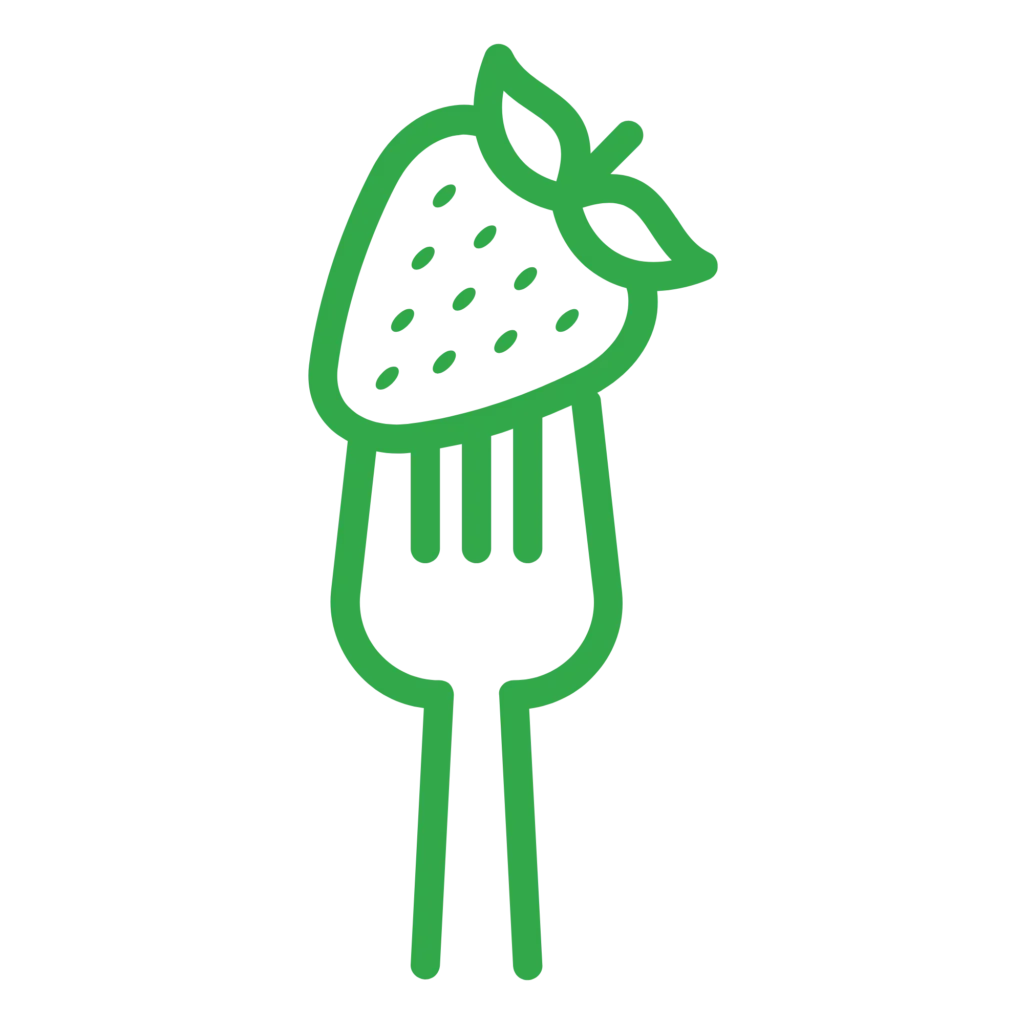 Green line icon of a strawberry on a fork labeled "Edibles" representing medical cannabis-infused food products.