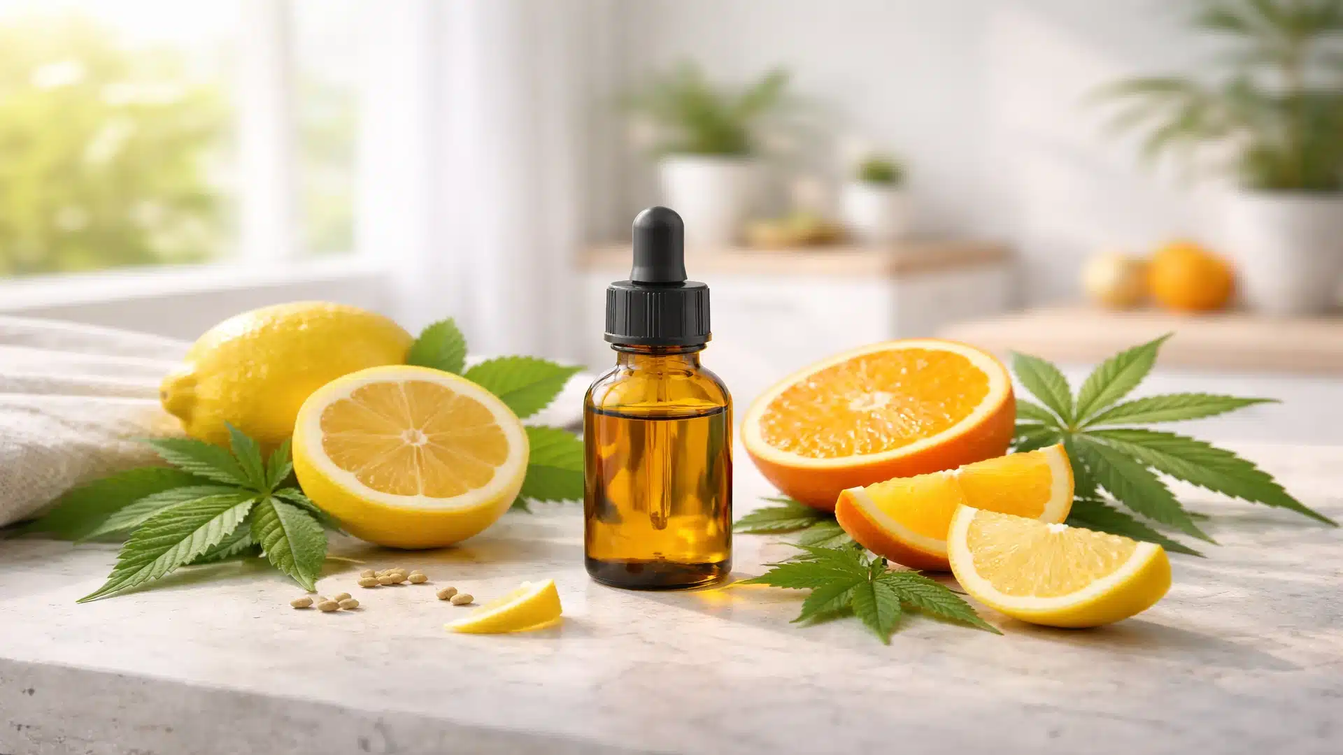 Limonene Terpene in cannabis with fresh citrus fruits and oil.