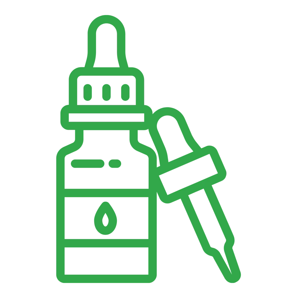 Green line icon of a dropper bottle and pipette labeled "Tinctures and Oils" representing liquid medical cannabis products.