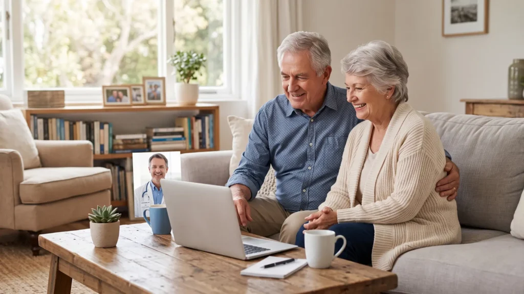 A smiling senior couple sits on a living room couch, viewing an online approval document on their laptop for a medical marijuana card in Bartlesville, Oklahoma.