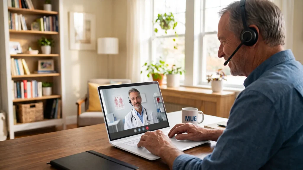 Patient using a laptop for an online medical marijuana card in Enid consultation with a medical marijuana doctor.