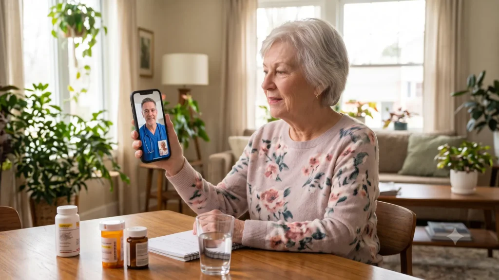 Elderly woman holding a smartphone for a video call with a medical marijuana doctor for an online Medical Marijuana Card renewal in Tontitown.