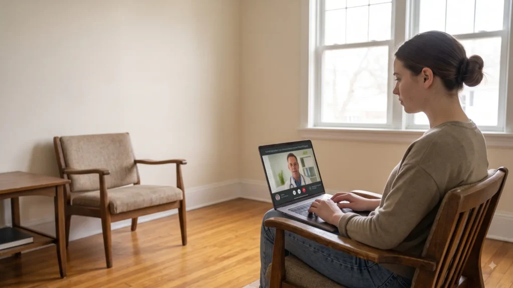A woman with a laptop at home for a telehealth consultation with a medical marijuana doctor for a Medical Marijuana Card in Bono, Arkansas.