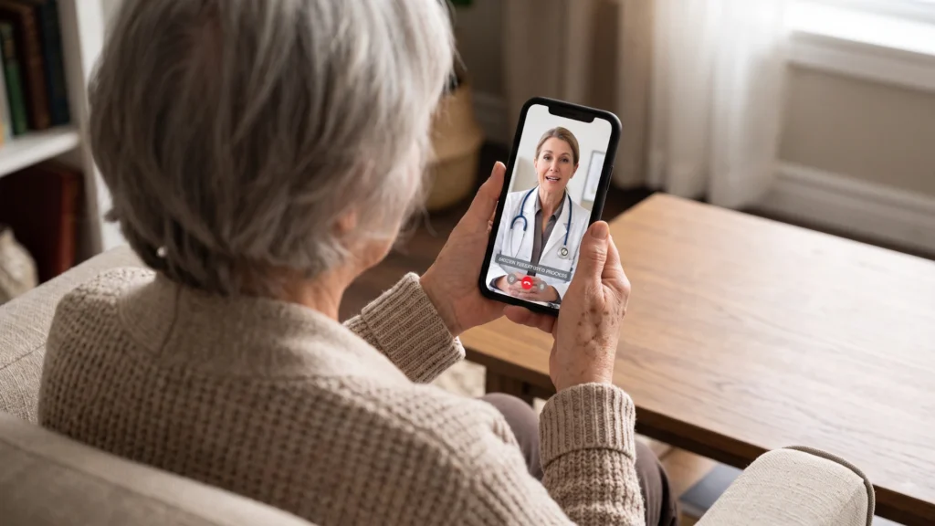 An elderly woman sits in an armchair, consulting with a medical marijuana doctor on her smartphone regarding her eligibility for a Medical Marijuana Card in Trumann.