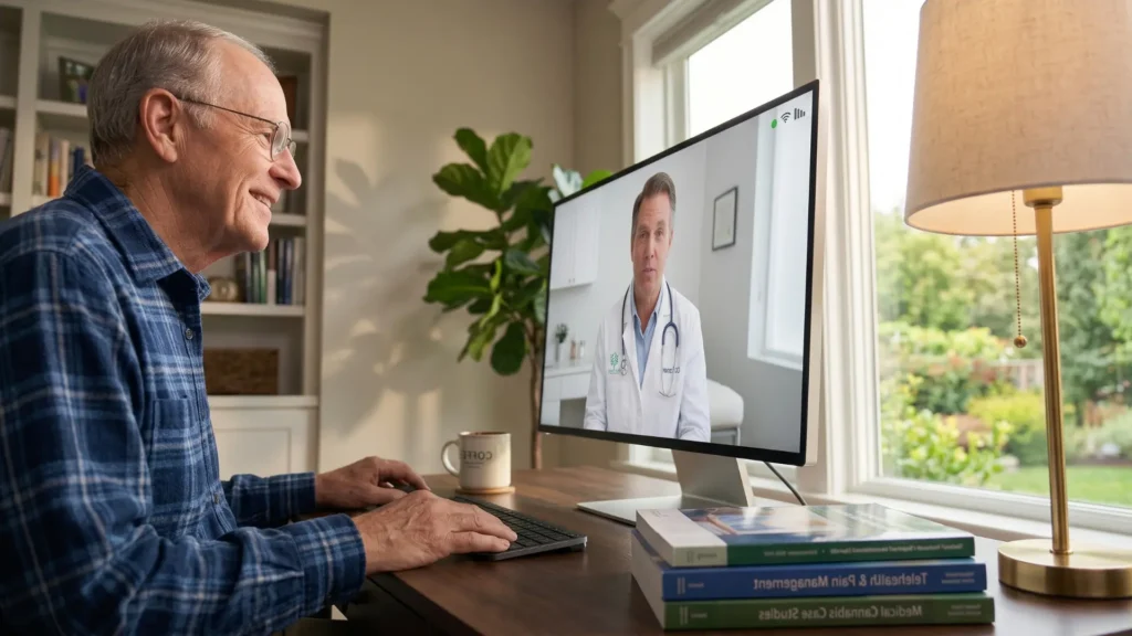 An elderly man sits at a desk during a video consultation with a medical marijuana doctor to apply for a medical marijuana card in Monroeville.