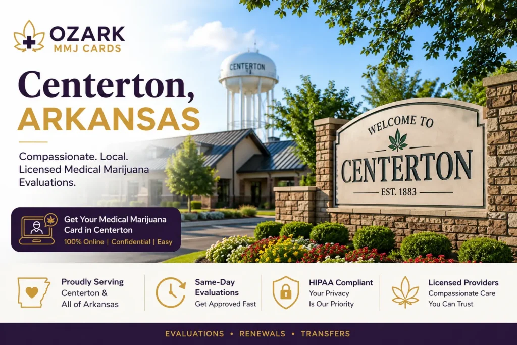 Renewal evaluation for a medical marijuana card in Centerton. Arkansas medical marijuana doctor evaluation online