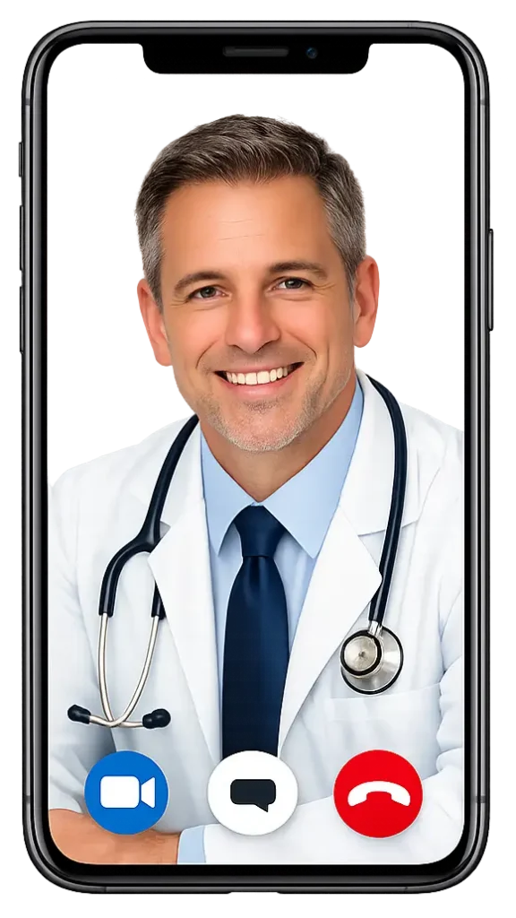 Medical marijuana doctor on phone conducting a medical marijuana card evaluation for a patient seeking an mmj card