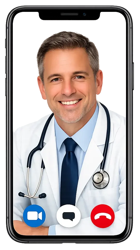 Medical marijuana doctor on phone conducting a medical marijuana card evaluation for a patient seeking an mmj card