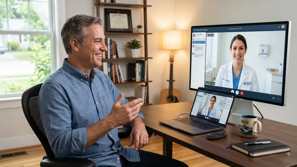Patient sitting at a desk having a telehealth video consultation with a medical marijuana doctor in Pittsburgh about getting a medical marijuana card in Pittsburgh.