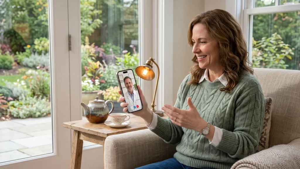 A woman in a green sweater sits in an armchair, holding her smartphone to have a telehealth video call with an mmj doctor for a consultation for her medical marijuana card in Plum.