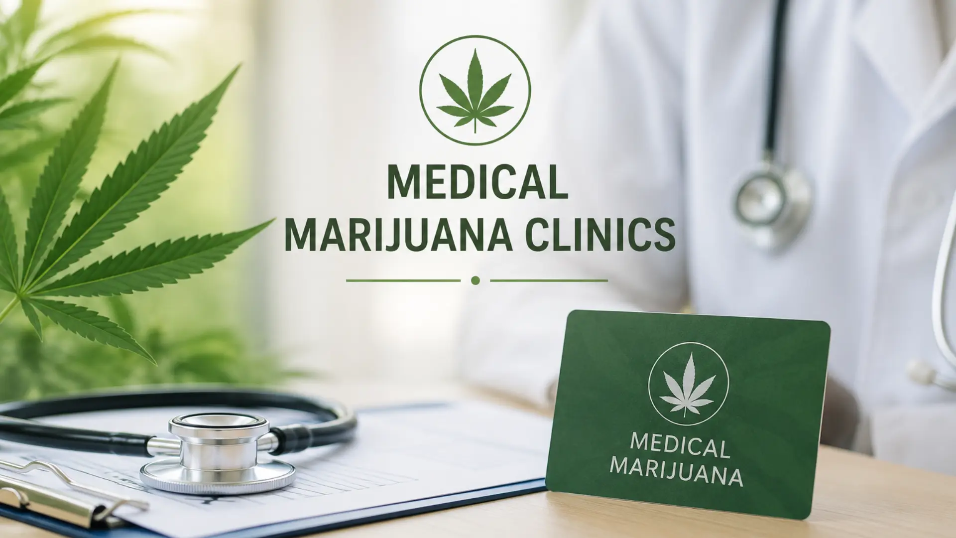 Medical marijuana clinics with a physician, medical card, clipboard, and cannabis leaf representing patient certification services.