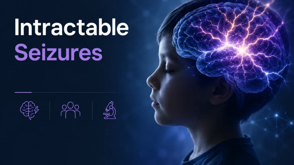 Graphic titled "Intractable Seizures" featuring the side profile of a young boy with his eyes closed. A glowing blue 3D brain overlay on his head shows bright purple and white electrical lightning bursts, representing chaotic brain activity.