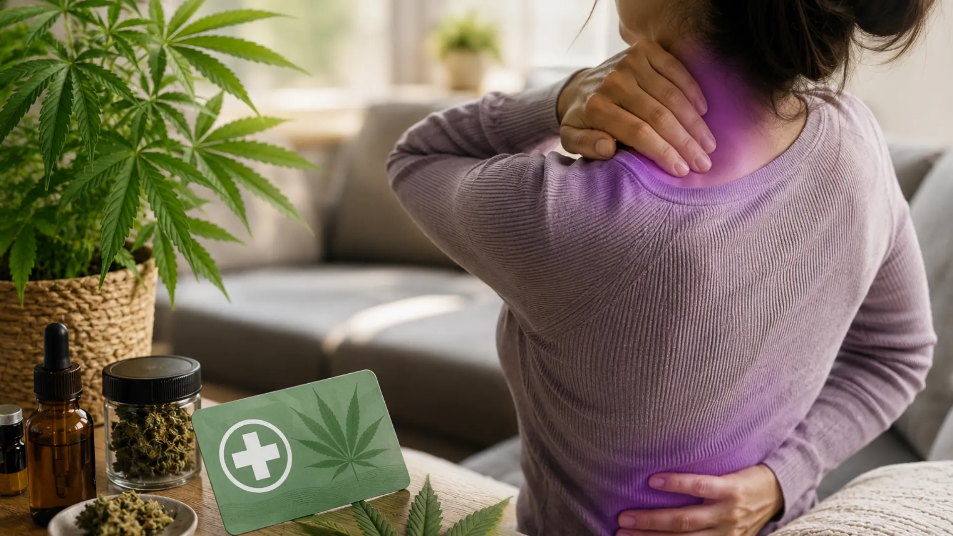 Medical marijuana card PA for fibromyalgia patients showing a person experiencing widespread pain with medical cannabis products in a home setting.