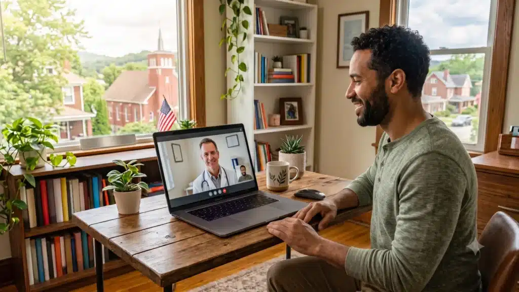 A patient in a home office having a virtual evaluation for a Medical Marijuana Card in Bethel Park on a laptop with a medical marijuana doctor.