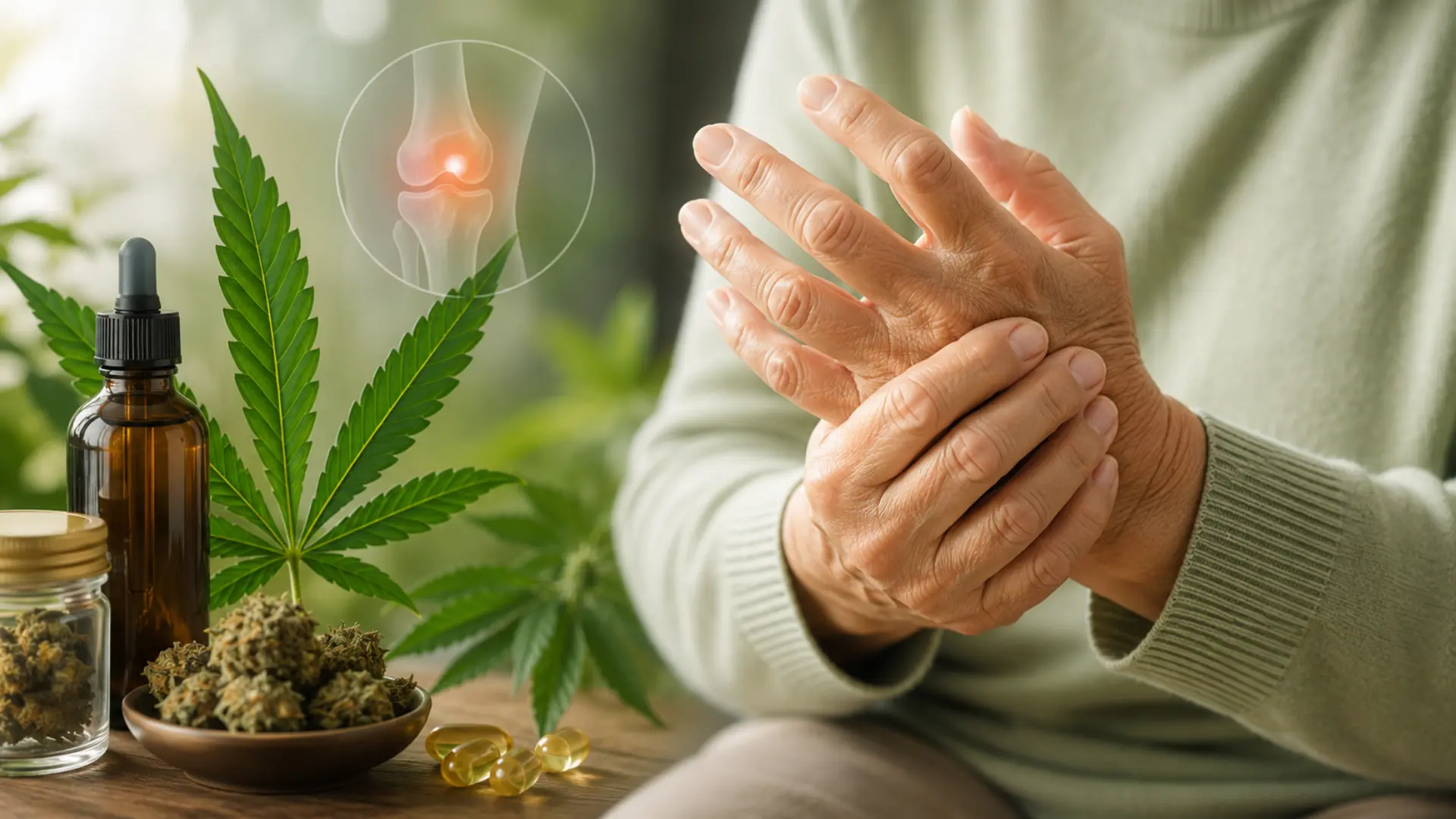 Medical Marijuana for Arthritis – Close-up of a person with arthritis pain holding their hands beside medical marijuana products, including cannabis flower, CBD oil, and cannabis leaves, illustrating medical marijuana for arthritis pain management.
