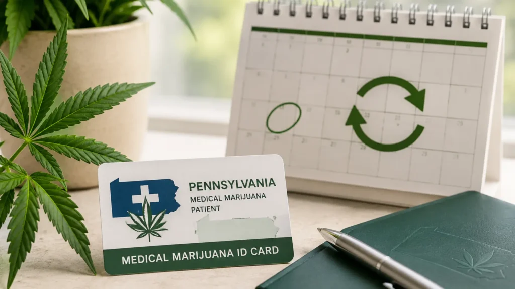 MMJ Card Renewal reminder with a Pennsylvania medical marijuana ID card and renewal calendar.