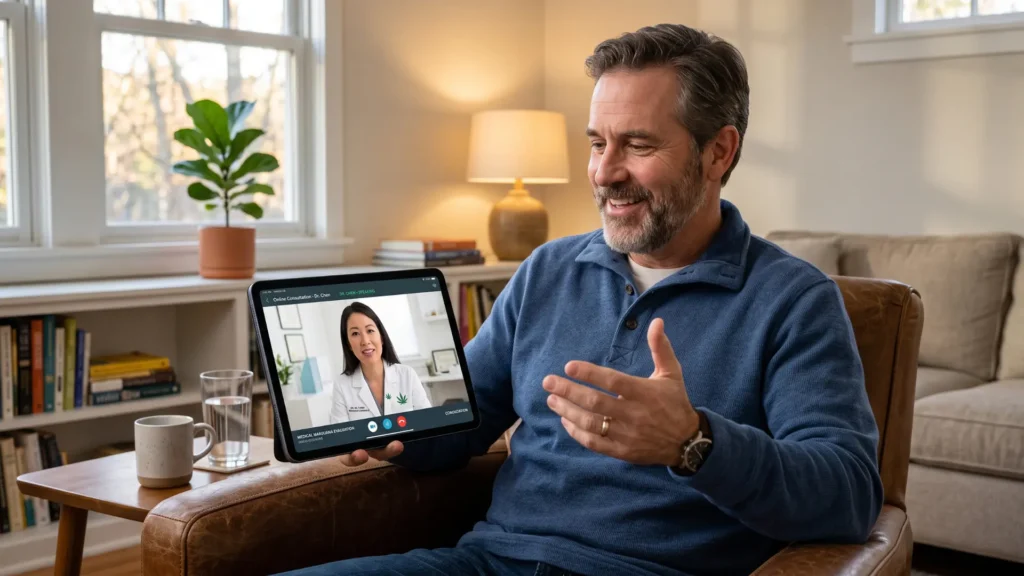 A happy patient has a telehealth video call on his tablet, talking with a medical marijuana doctor to complete his evaluation for a medical marijuana card in Muskogee.