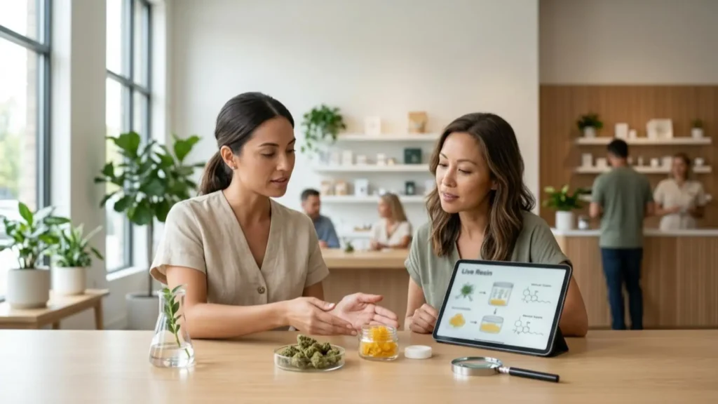 Two patients reviewing Live Resin cannabis products and concentrates with educational materials at a medical marijuana dispensary.