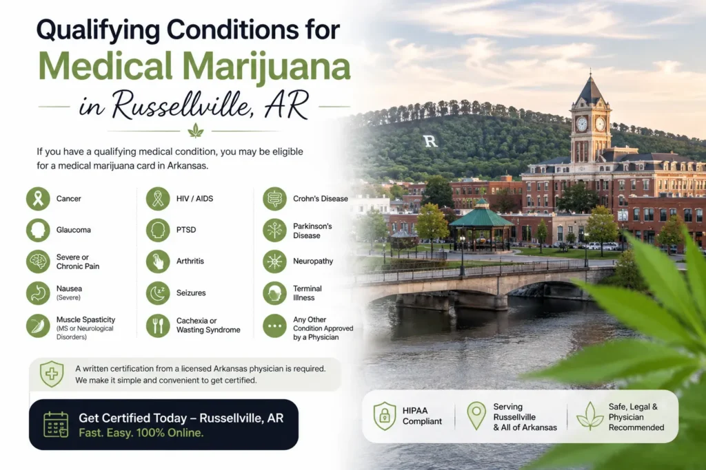 Qualifying conditions for a medical marijuana card in Russellville, Arkansas plus a short list of Arkansas' 18 qualifying conditions