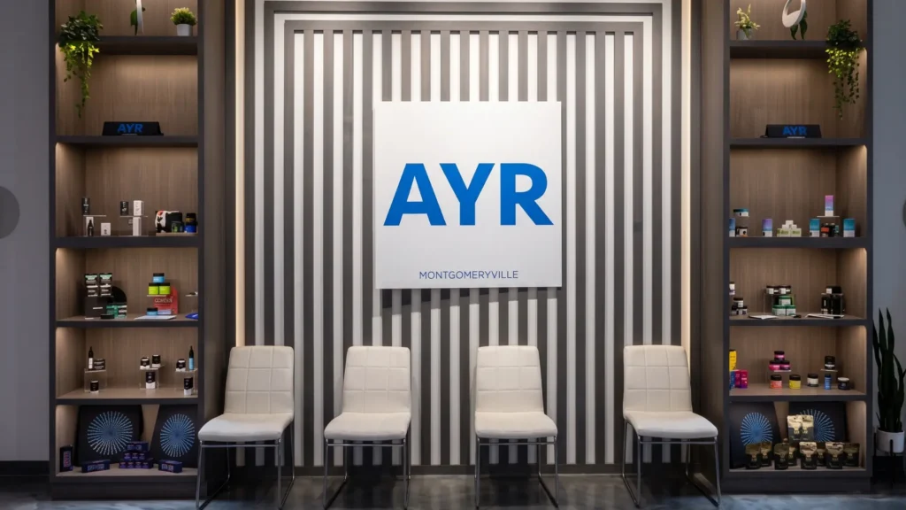 An inviting view of the Ayr Wellness Medical Marijuana Dispensary Montgomeryville reception and waiting area in, featuring modern shelving with curated cannabis products and the illuminated central AYR logo.