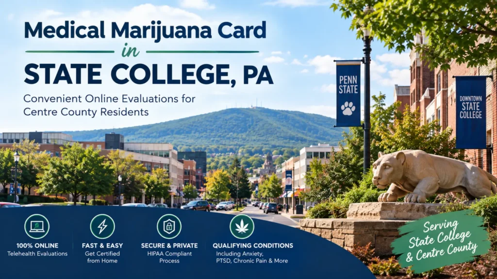 Medical marijuana card in State College, PA with Penn State and Centre County landmarks.