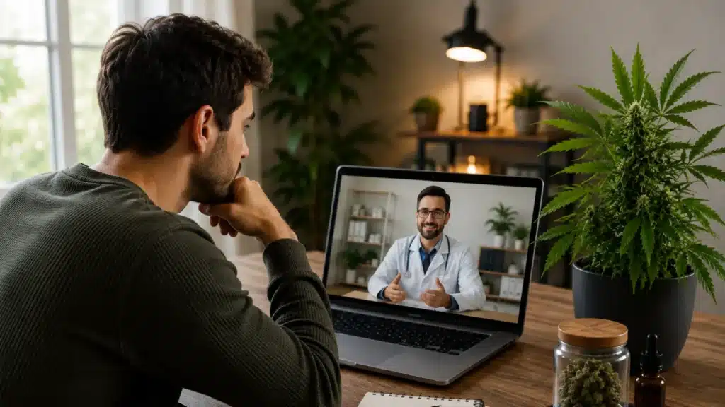 A man consulting with an MMJ doctor for a medical marijuana card in Strong during an online telehealth appointment.