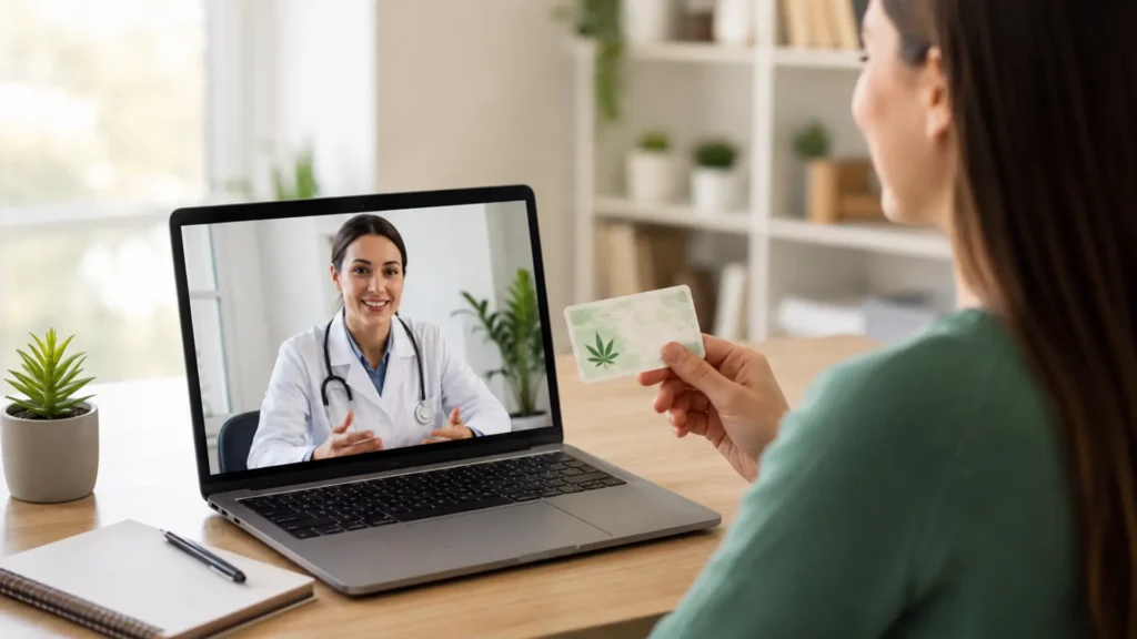 A patient completing a video evaluation with a medical marijuana doctor to apply for a medical marijuana card in McKeesport.
