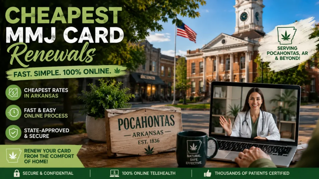Medical marijuana card in Pocahontas, AR with an online MMJ card renewal consultation and local Pocahontas downtown setting.