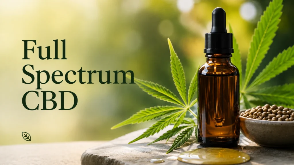Amber bottle of spectrum CBD oil displayed beside green hemp leaves on a stone surface, with the title "Full Spectrum CBD" against a soft, nature-inspired background.