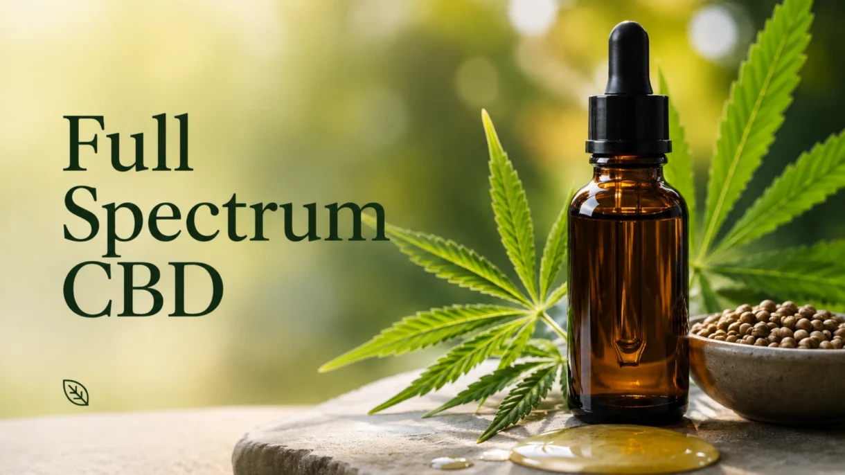 Amber bottle of spectrum CBD oil displayed beside green hemp leaves on a stone surface, with the title "Full Spectrum CBD" against a soft, nature-inspired background.