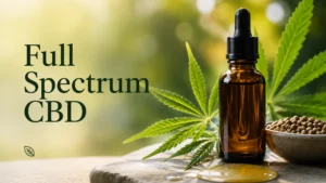 Amber bottle of spectrum CBD oil displayed beside green hemp leaves on a stone surface, with the title "Full Spectrum CBD" against a soft, nature-inspired background.