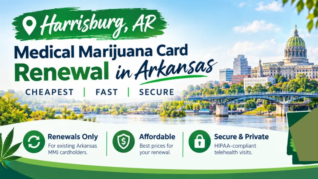 Medical marijuana card in Harrisburg, AR renewal promotional graphic featuring a river view, city skyline, and green info boxes highlighting fast, cheap, and private telehealth evaluations.