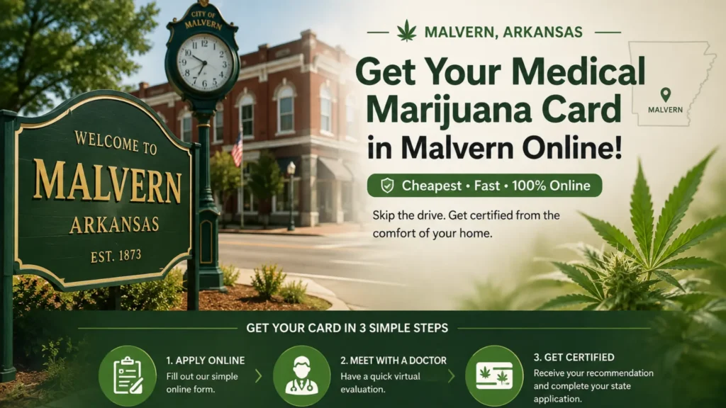 Medical marijuana card in Malvern with a fast and convenient online certification process in Malvern, Arkansas.