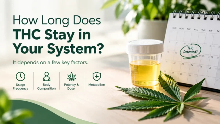 Infographic titled "How Long THC Stays in System?" featuring a calendar, a drug test cup, and key factors like usage frequency and metabolism.