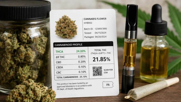 Cannabis product label showing THCA vs THC percentage comparison with medical marijuana flower, vape cartridge, tincture oil, and calculated total THC potency on dispensary packaging.