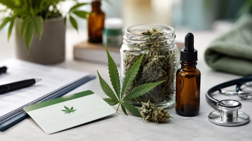 A Medical Marijuana Card Pennsylvania resting on a table alongside a glass jar of cannabis flower, a tincture bottle, a stethoscope, and medical forms.