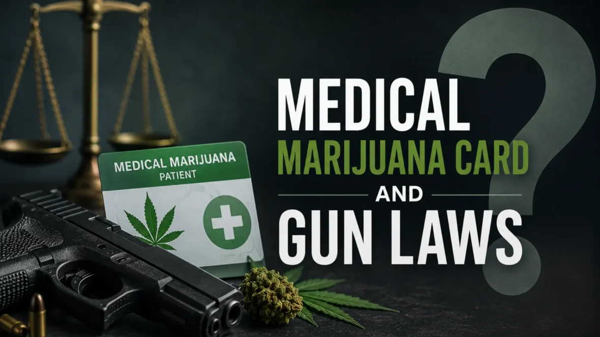 A handgun, ammunition, scales of justice, and an MMJ card next to bold text reading "Medical Marijuana Card and Gun Laws”