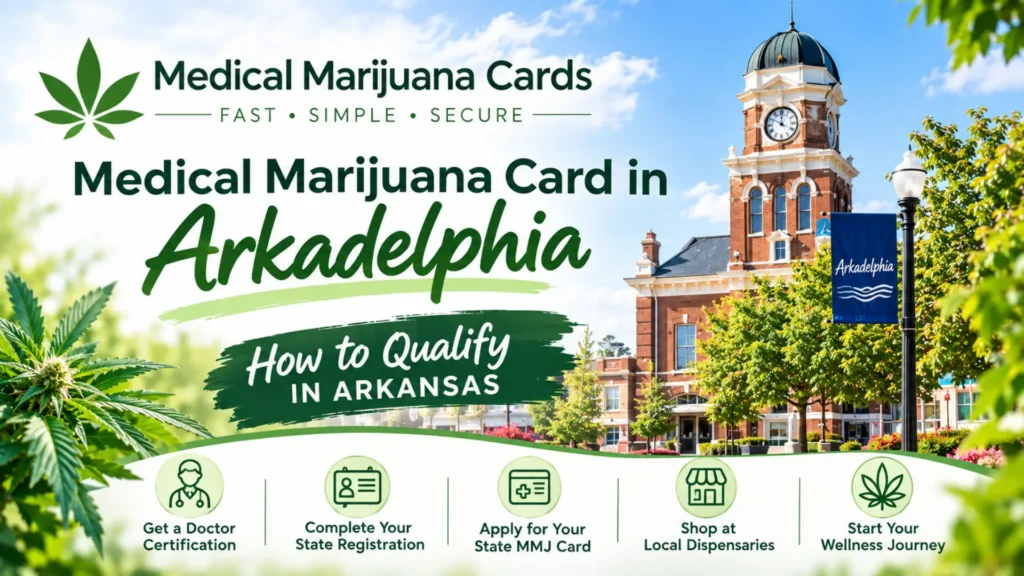 A visual guide explaining the 5 steps to qualify for a medical marijuana card in Arkadelphia, Arkansas, featuring a prominent image of the historic Clark County Courthouse.