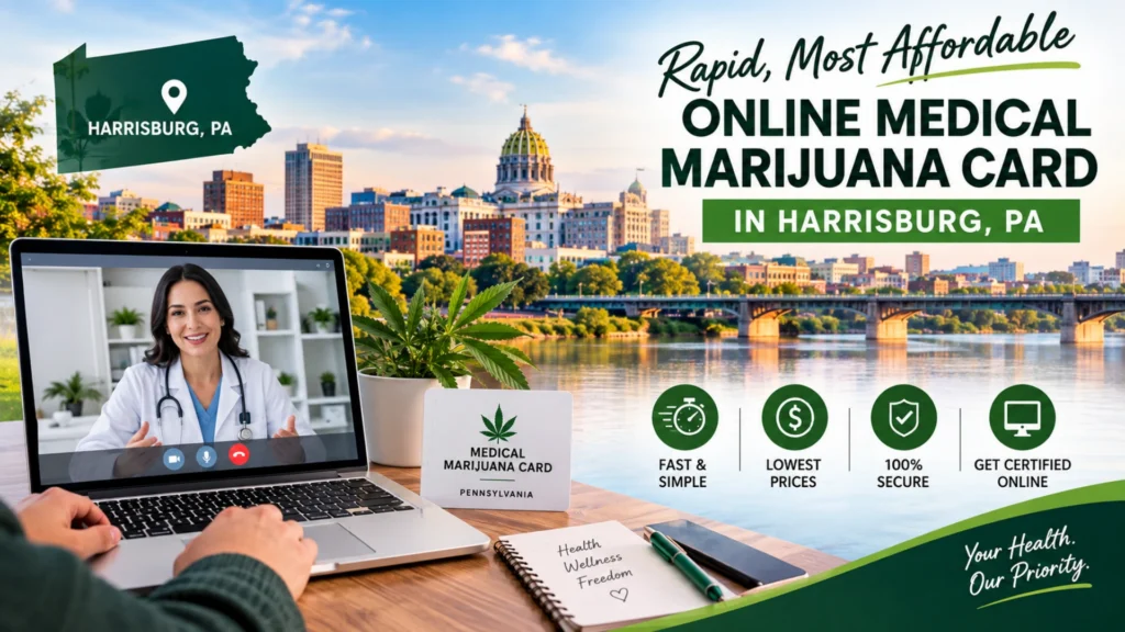 Laptop screen displaying an MMJ doctor telehealth consultation with text reading medical marijuana card in Harrisburg set against the Harrisburg city skyline.
