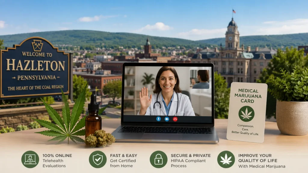 Medical marijuana card in Hazleton, PA with a telehealth medical marijuana doctor consultation shown on a laptop and a Hazleton cityscape in the background.