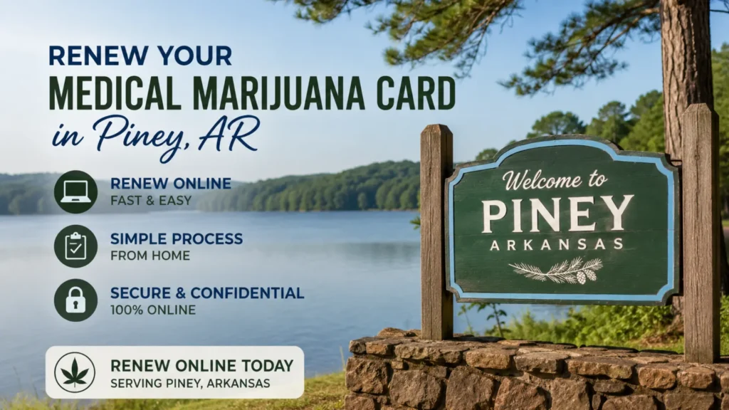 Medical marijuana card in Piney, Arkansas with a local Piney landscape and steps for renewing an Arkansas medical marijuana card online.