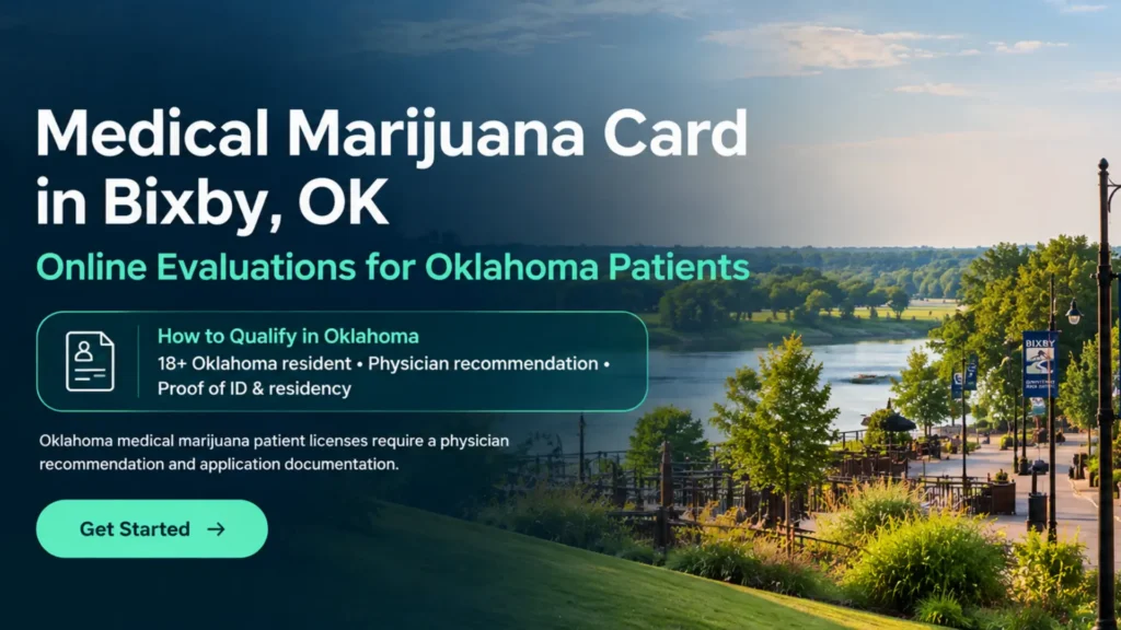 Medical marijuana card in Bixby online evaluations banner featuring scenic landscape of Bixby riverfront park.
