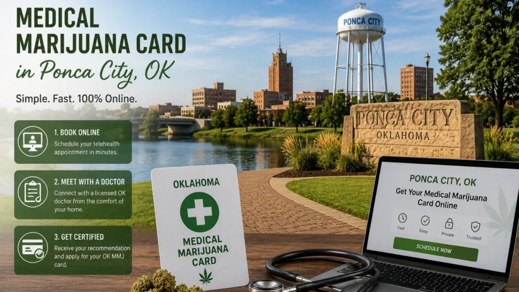 Medical marijuana card in Ponca City, Oklahoma with online MMJ doctor evaluation and three-step application process.