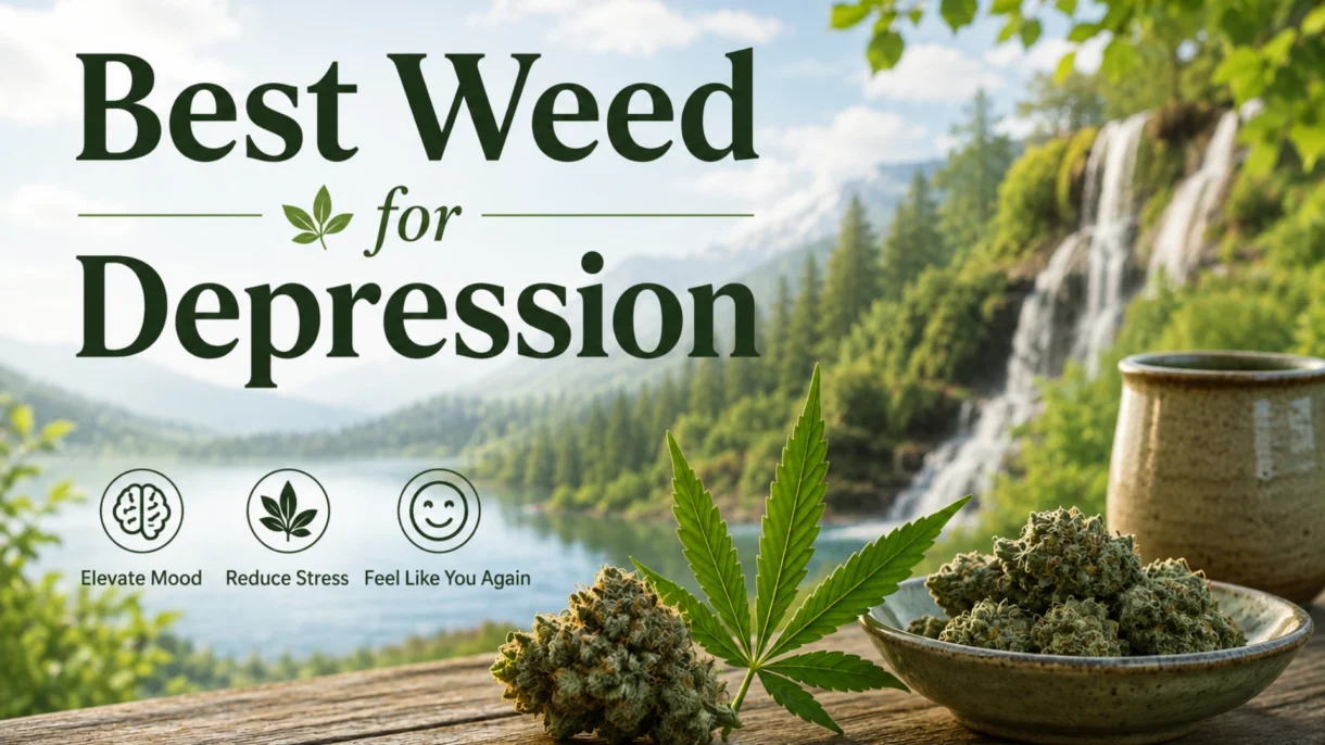 Graphic titled "Best Weed for Depression" highlighting medical cannabis benefits like mood elevation and stress reduction, set against a serene waterfall and lake backdrop with fresh cannabis buds and a leaf.