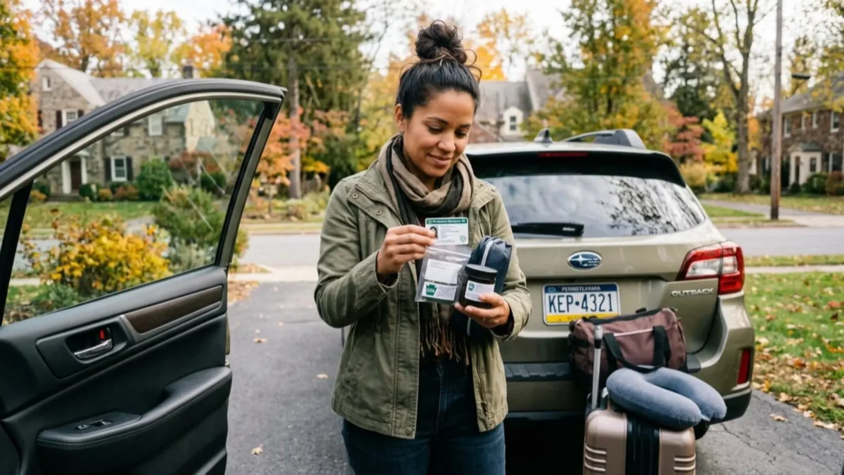A woman standing by her packed car holding a medical marijuana card and product, representing the question: Can I Travel with Medical Marijuana from Pennsylvania?