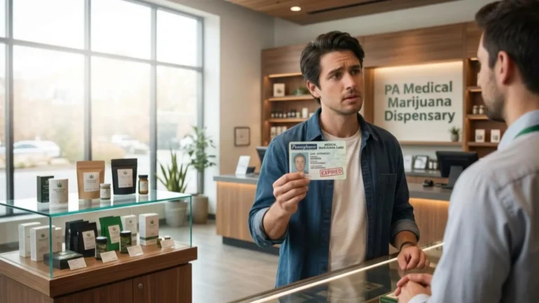 A concerned customer showing a Medical Marijuana Card with a red "EXPIRED" stamp to a worker at a Pennsylvania dispensary counter.