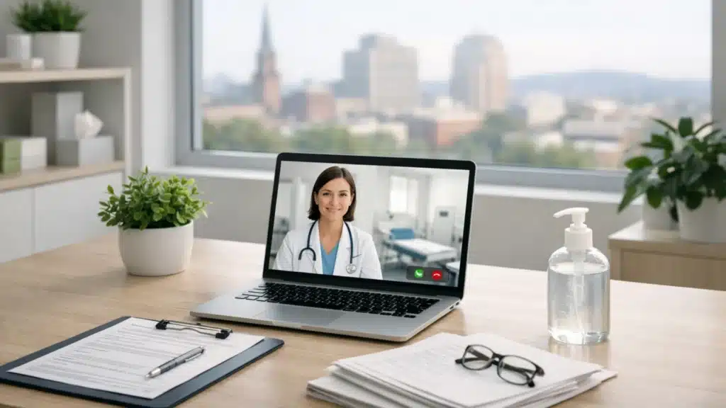 Medical Marijuana Card in Allentown consultation via video call with a doctor on a laptop desk.