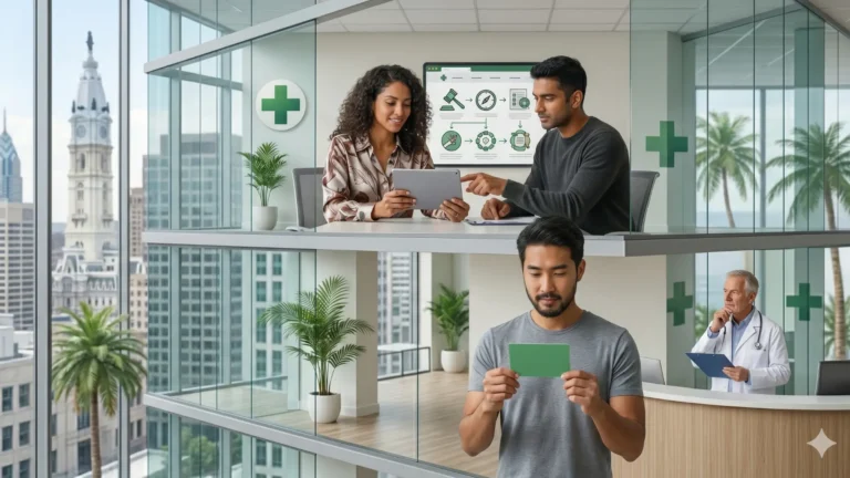 An Asian man holds a green medical marijuana card in an office, illustrating Pennsylvania employment law regarding workplace rights.