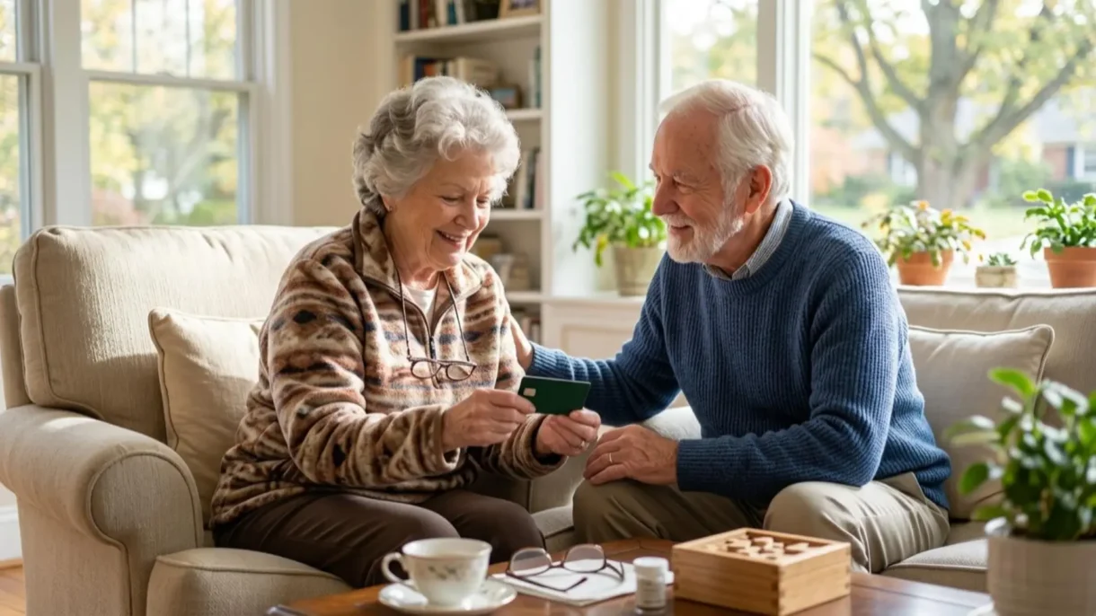 Senior couple sitting on a living room couch looking together at a green Pennsylvania medical marijuana card.