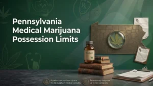 Graphic detailing Pennsylvania Medical Marijuana Possession Limits, featuring a medicine bottle, books, and state map background with rules on 90-day supplies and caregiver designation.
